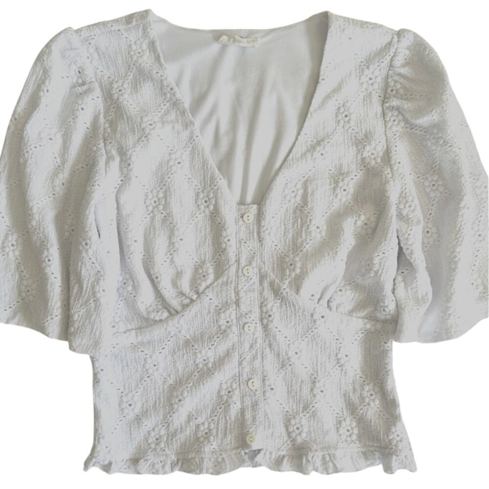 White Eyelet Lace Blouse Womens Puff Sleeve Cottagecore Top Smocked